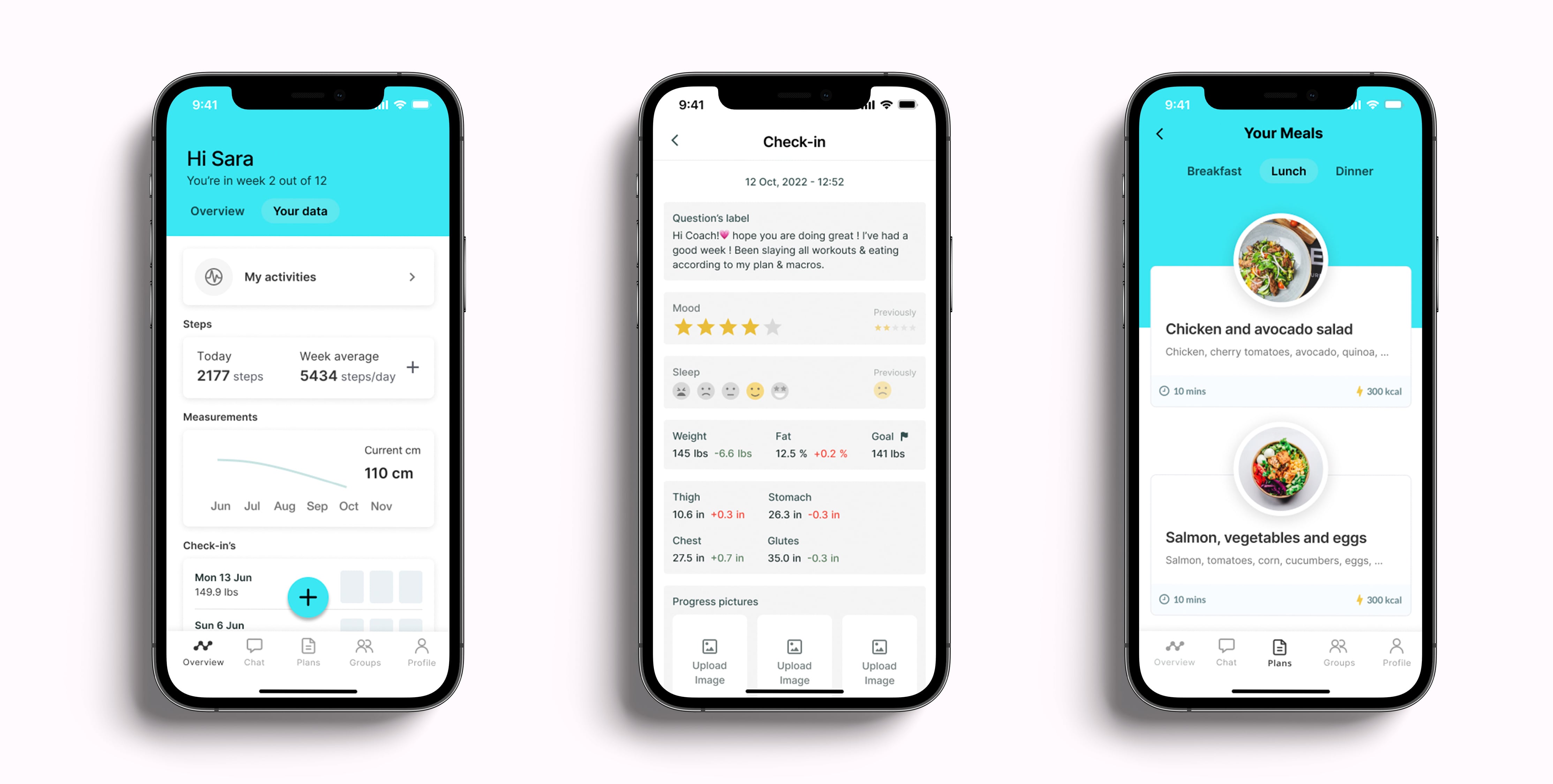 A mockup of the coaching app showcasing the different features.